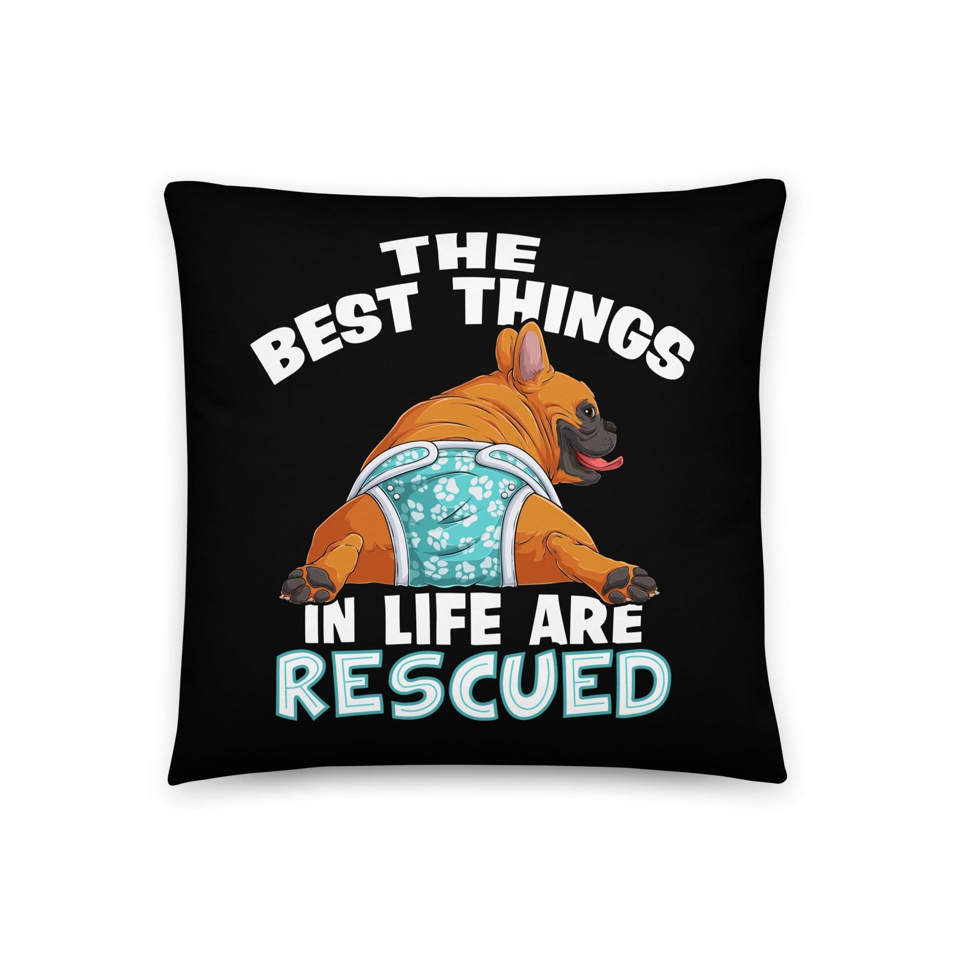 "The Best Things In Life Are Rescued" Male French Bulldog Throw Pillow | Red & White Colored with Spina Bifida