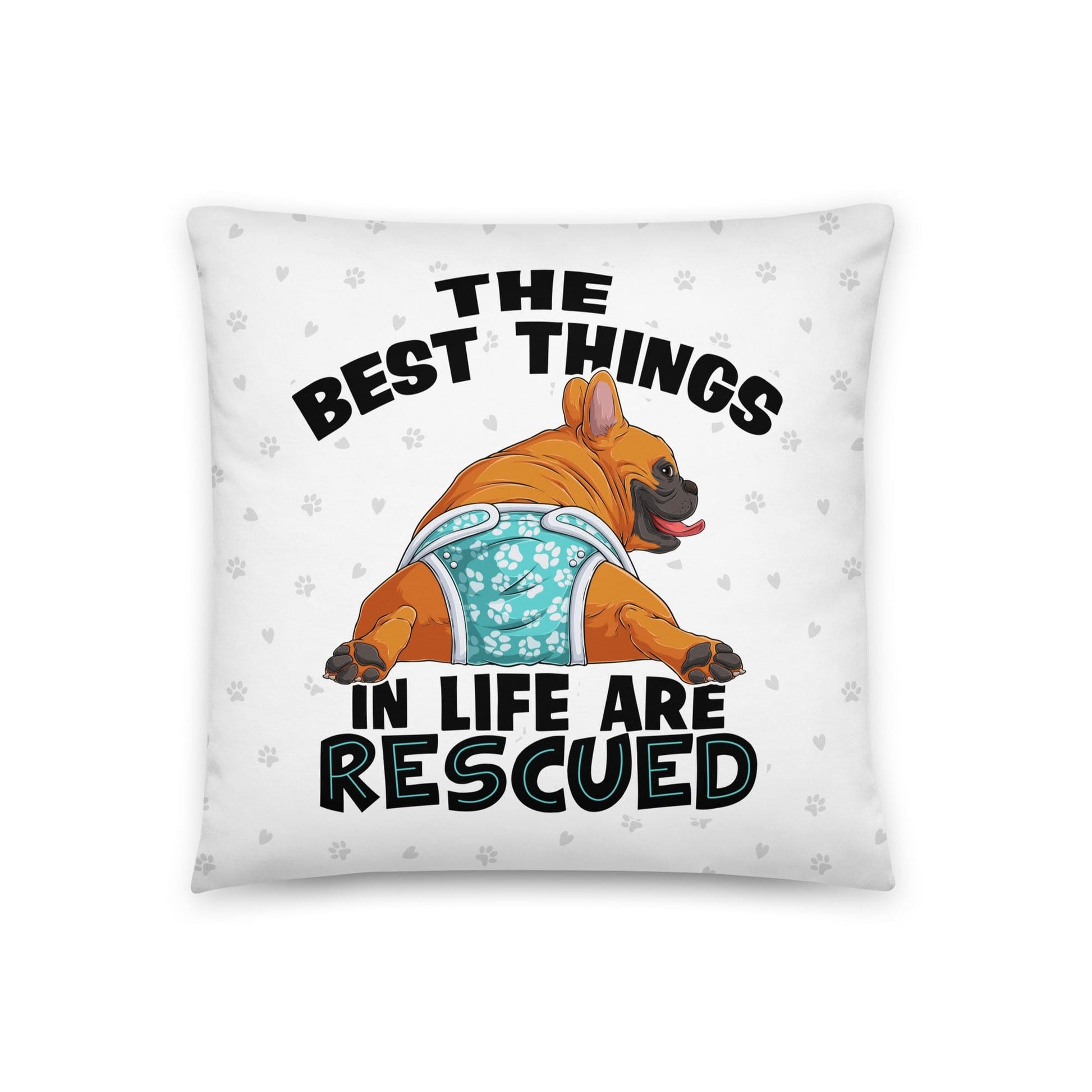 "The Best Things In Life Are Rescued" Male French Bulldog Throw Pillow | Red & White Colored with Spina Bifida