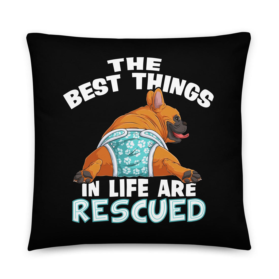 &quot;The Best Things In Life Are Rescued&quot; Male French Bulldog Throw Pillow | Red &amp; White Colored with Spina Bifida