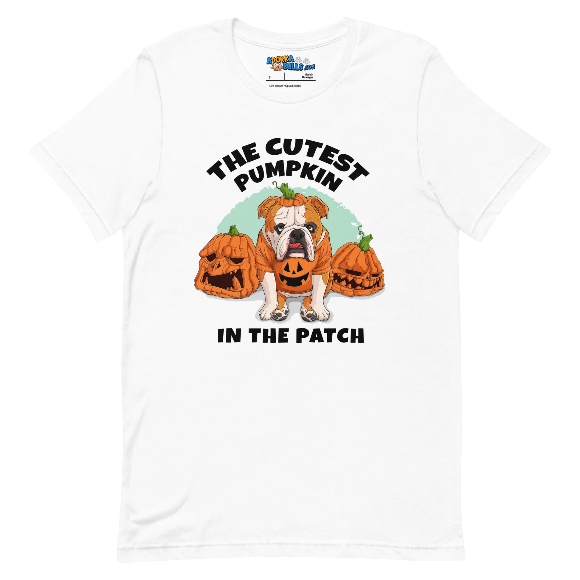 "The Cutest Pumpkin in the Patch" Bulldog Unisex T-Shirt | Red & White Colored