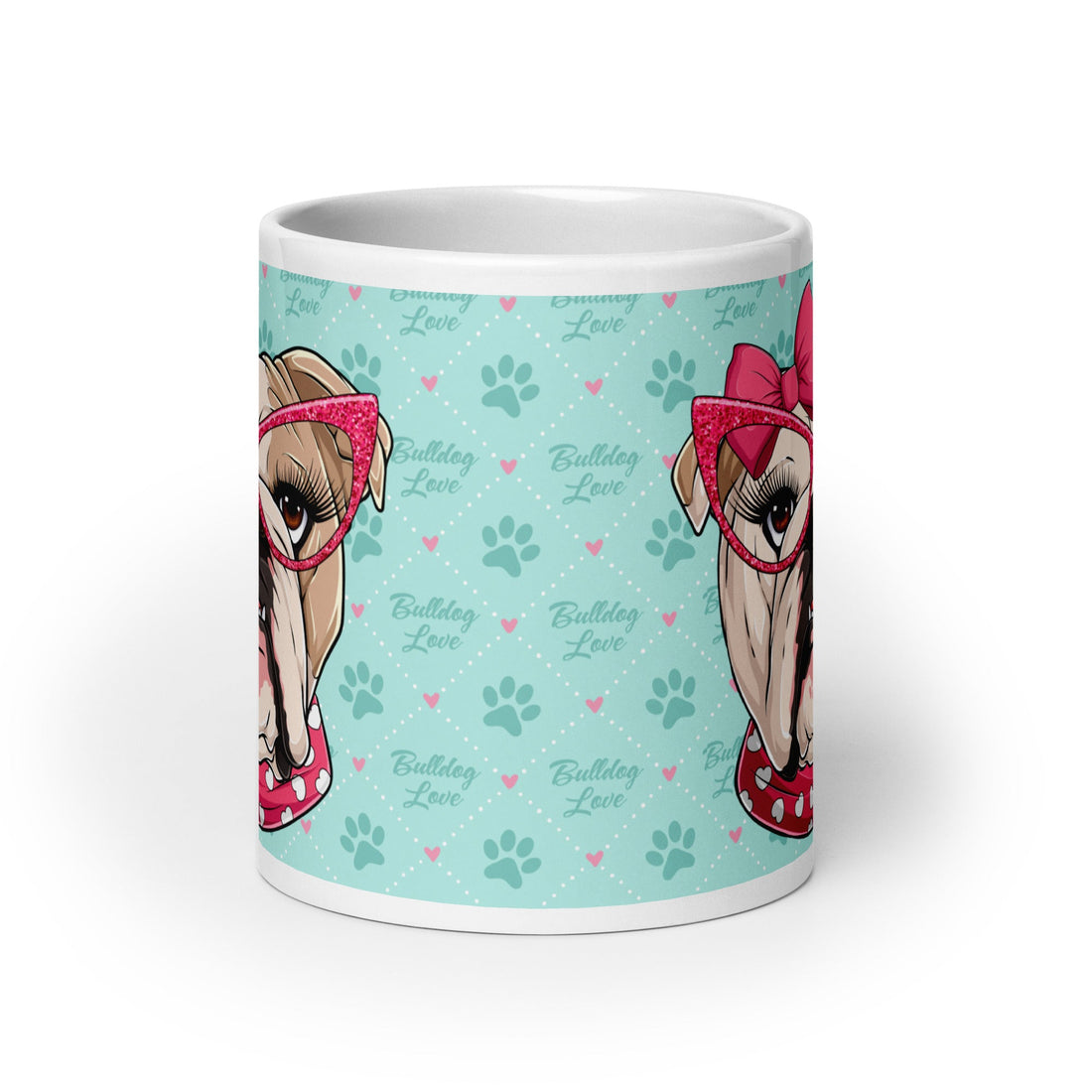 "Too Glam to Give a Woof" Bulldog Love Mug (20oz) | Fawn &amp; White Colored