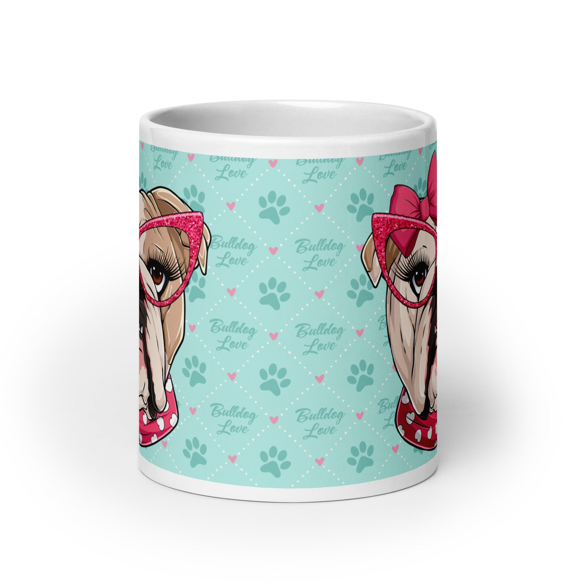 "Too Glam to Give a Woof" Bulldog Love Mug (20oz) | Fawn &amp; White Colored