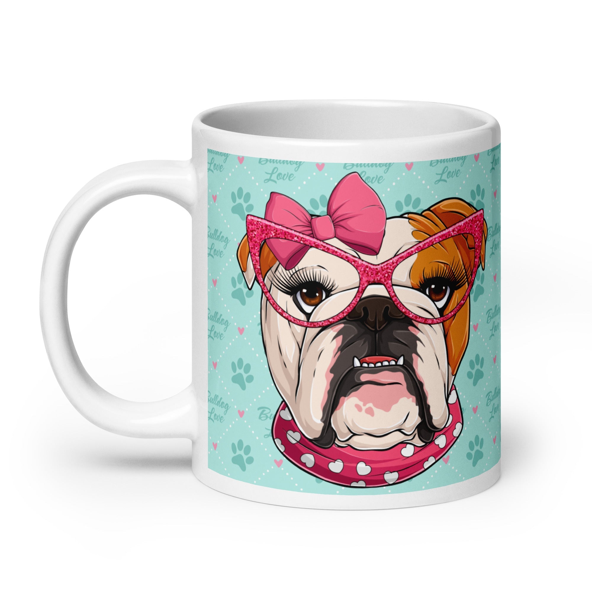 "Too Glam to Give a Woof" Bulldog Love Mug (20oz) | Red &amp; White Colored