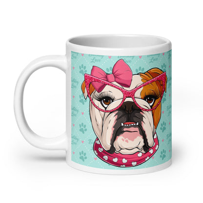 "Too Glam to Give a Woof" Bulldog Love Mug (20oz) | Red &amp; White Colored