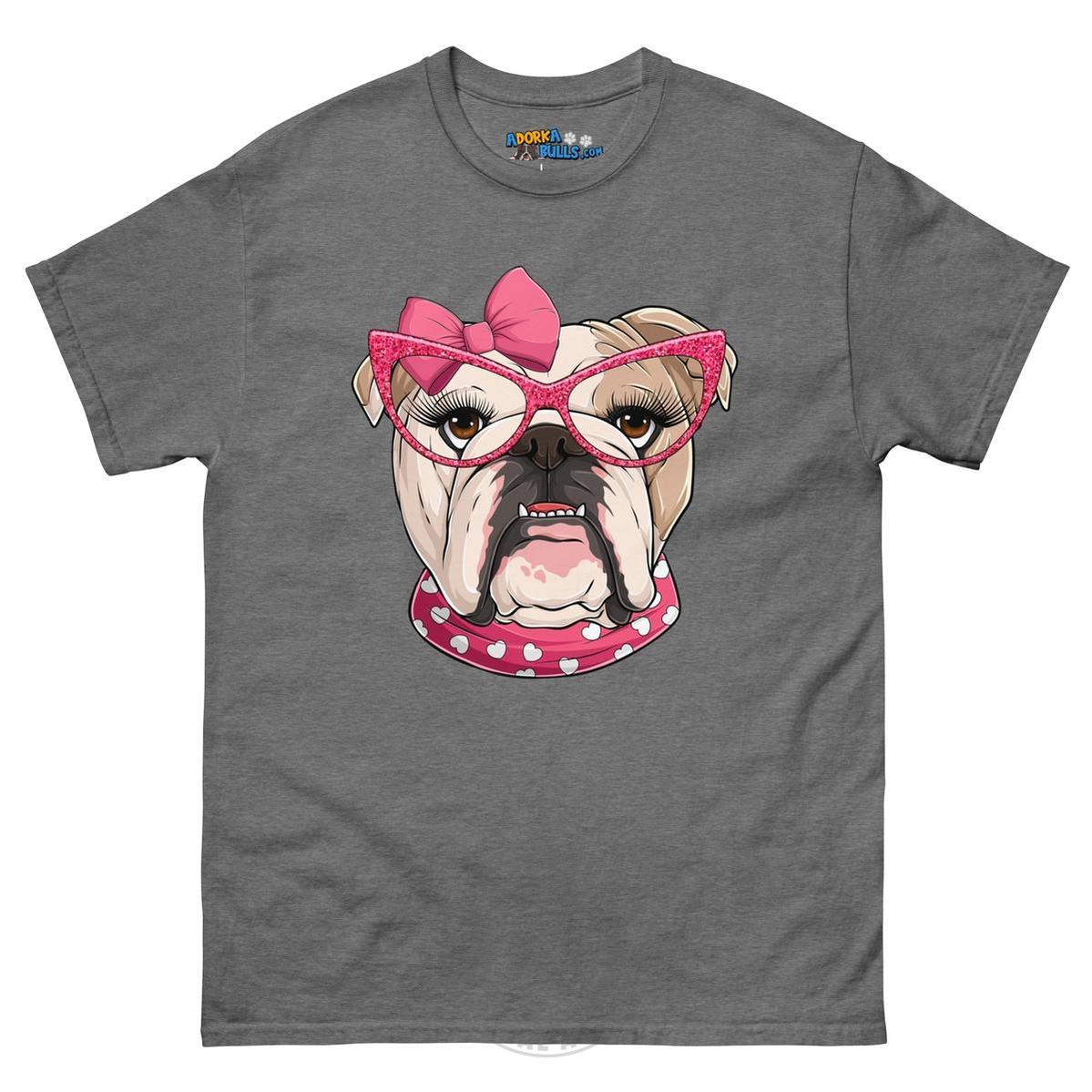 "Too Glam to Give a Woof" Female Bulldog Men’s T-Shirt | Fawn &amp; White Colored