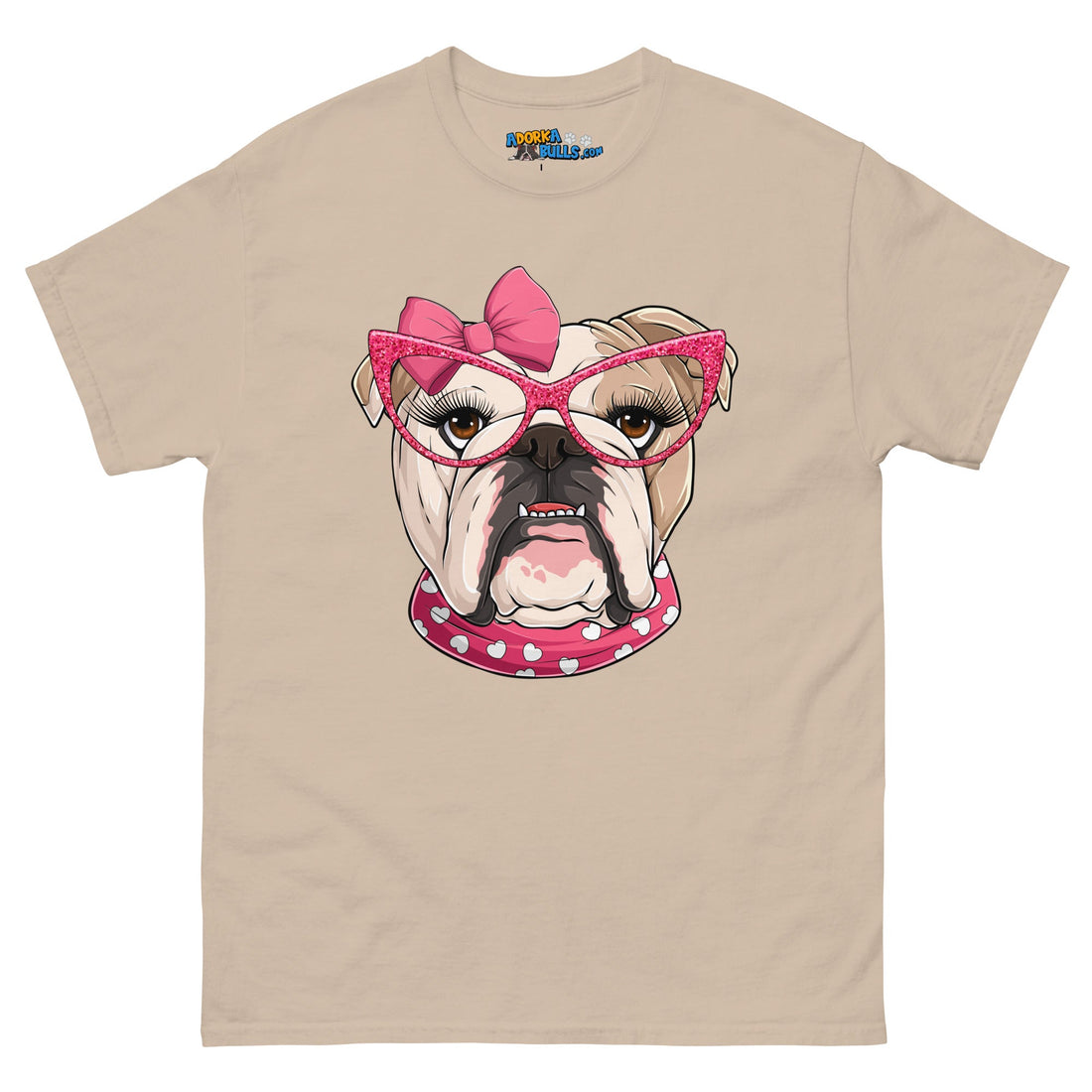 "Too Glam to Give a Woof" Female Bulldog Men’s T-Shirt | Fawn &amp; White Colored