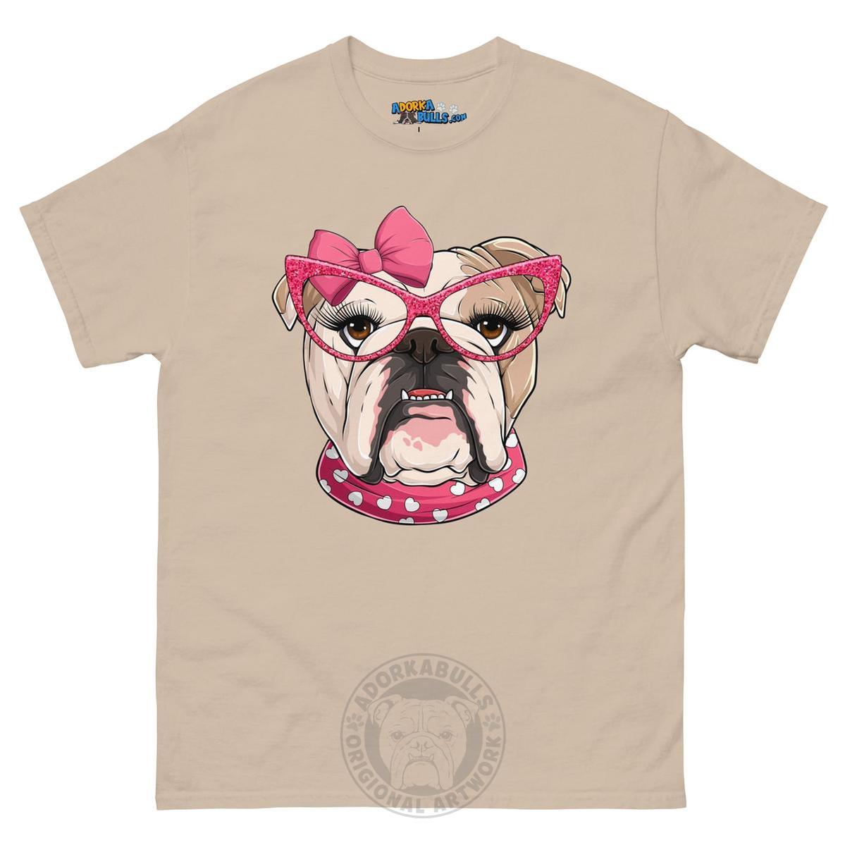 "Too Glam to Give a Woof" Female Bulldog Men’s T-Shirt | Fawn &amp; White Colored