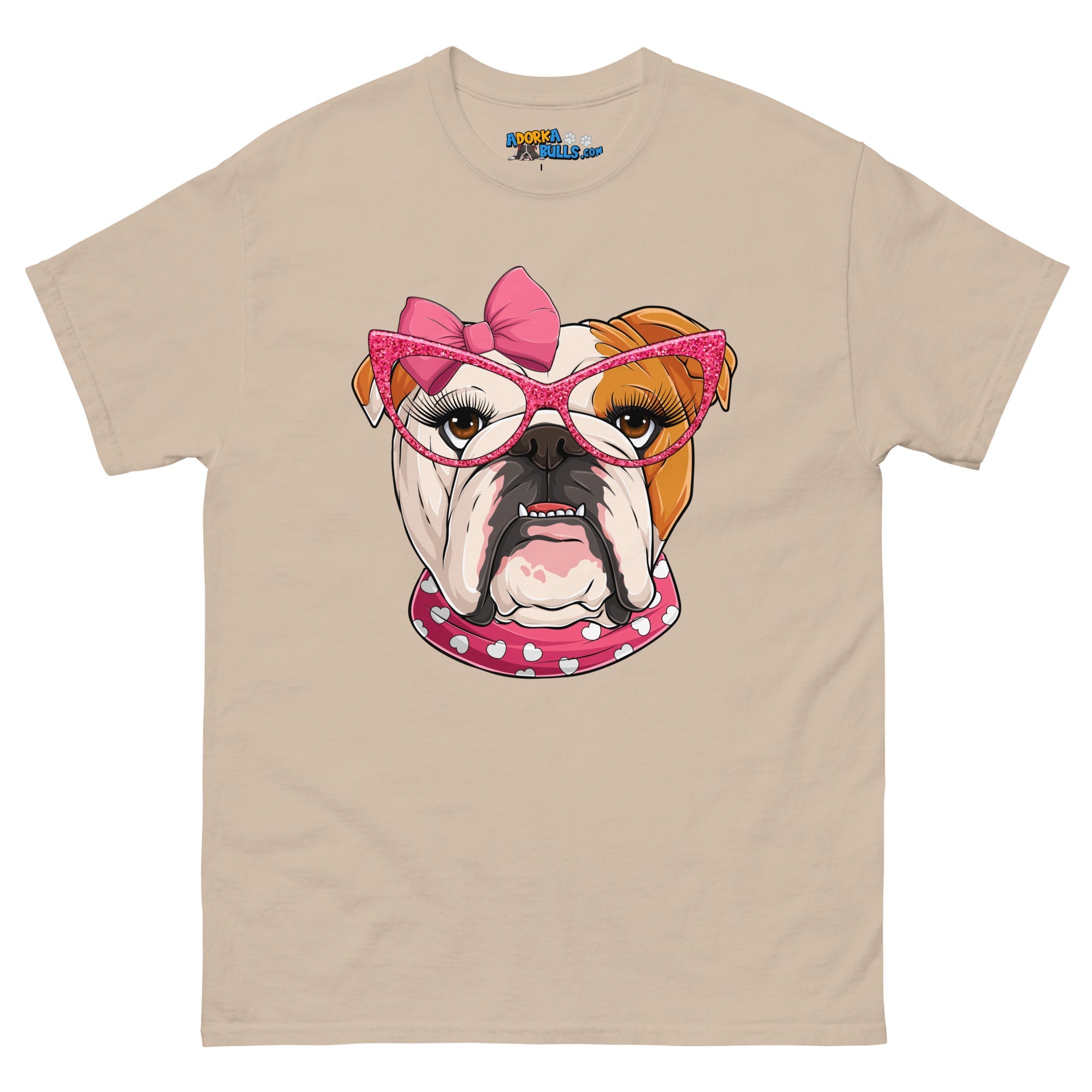 "Too Glam to Give a Woof" Female Bulldog Men’s T-Shirt | Red &amp; White Colored