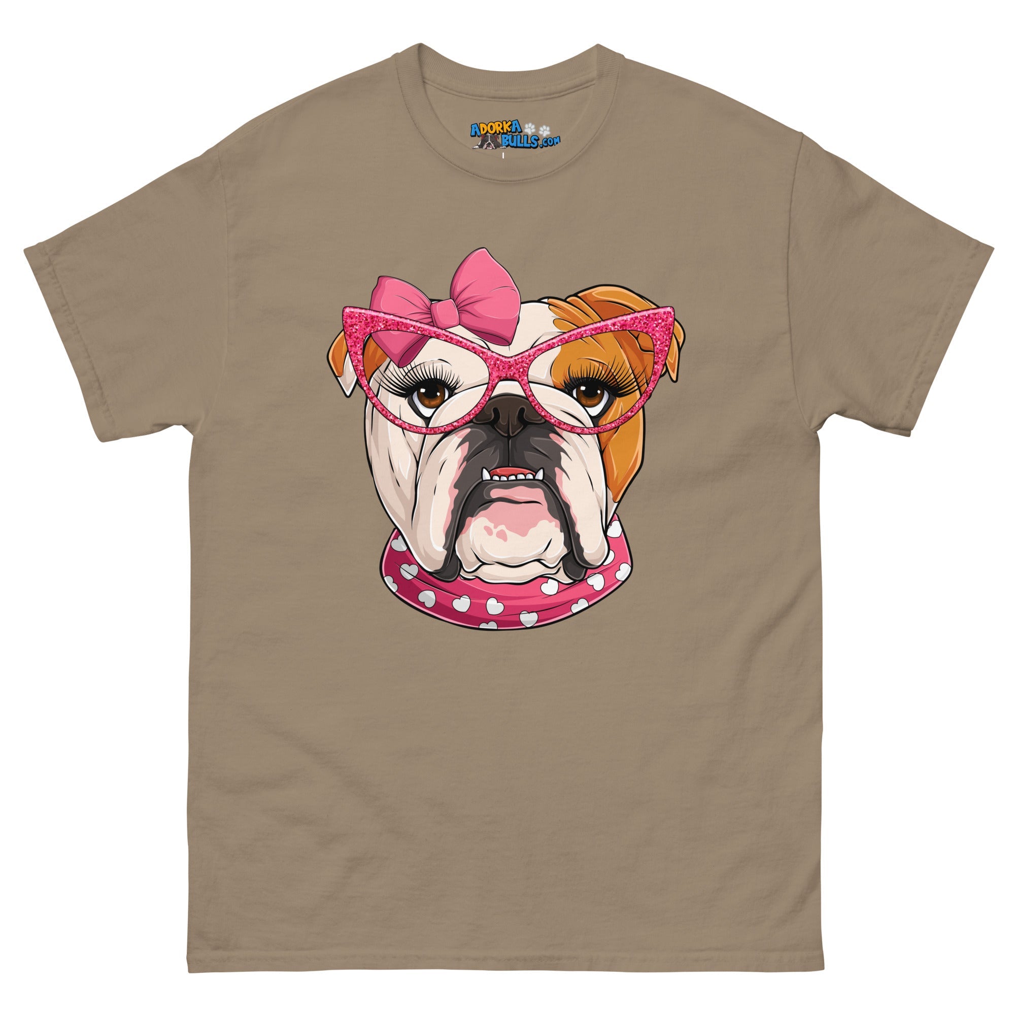 "Too Glam to Give a Woof" Female Bulldog Men’s T-Shirt | Red &amp; White Colored