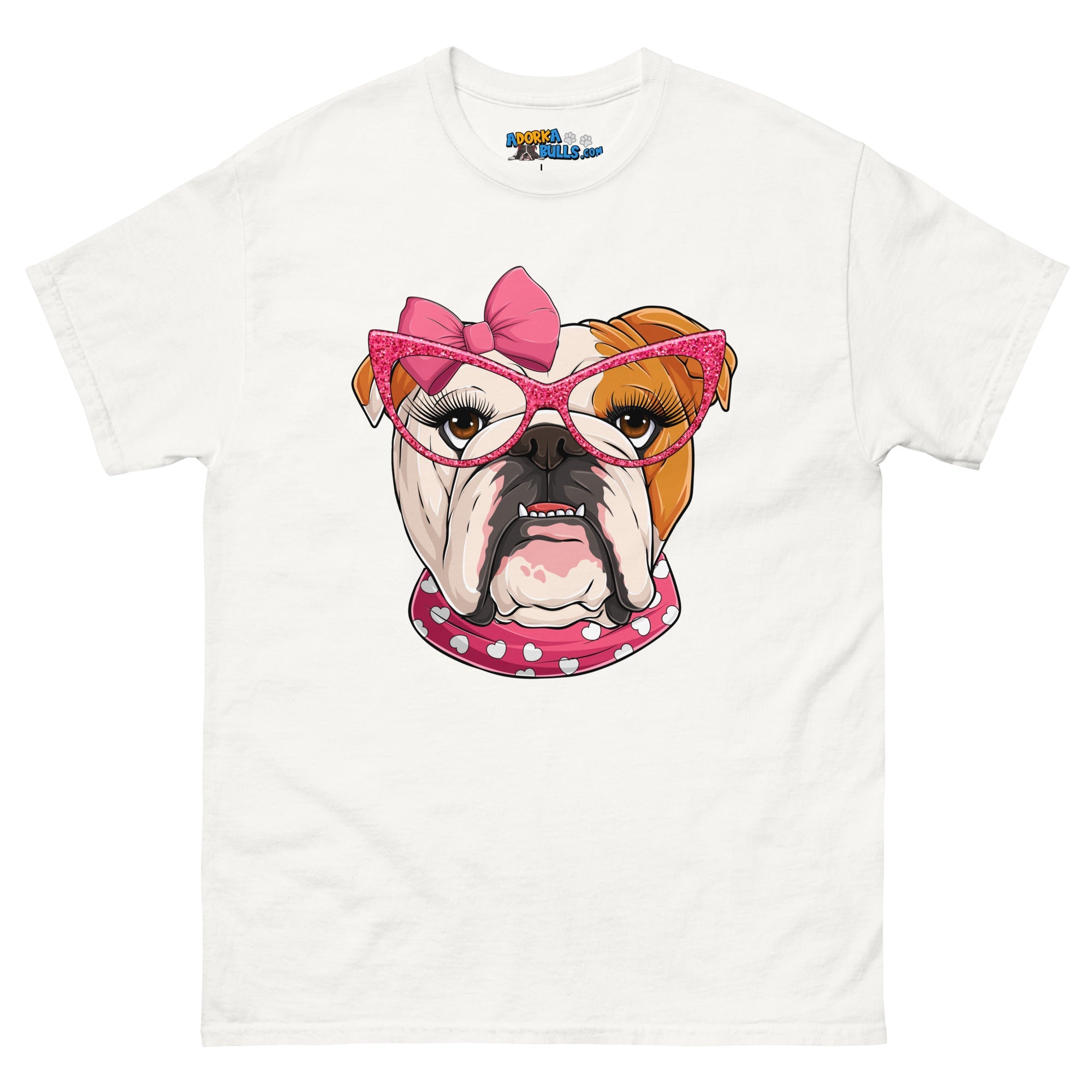 "Too Glam to Give a Woof" Female Bulldog Men’s T-Shirt | Red &amp; White Colored