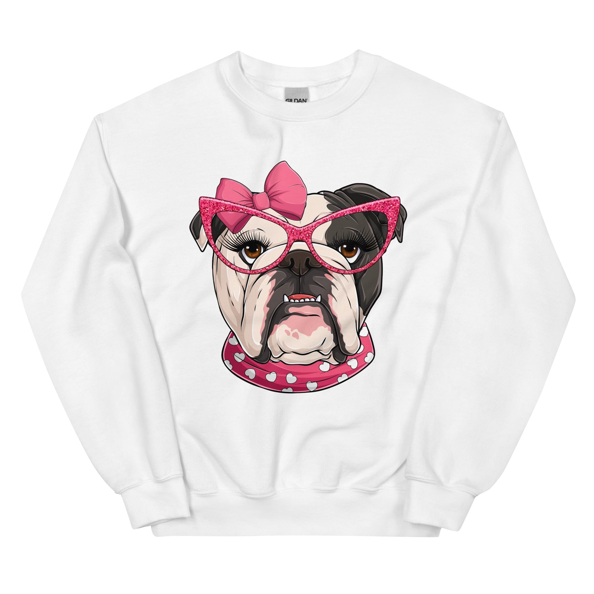 "Too Glam to Give a Woof" – Valentine’s Bulldog Sweatshirt | B&amp;W Colored