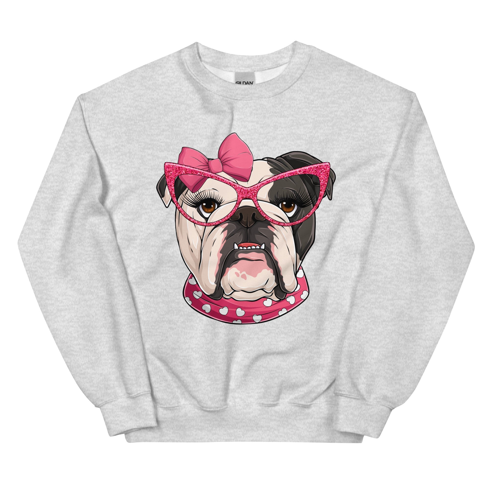 "Too Glam to Give a Woof" – Valentine’s Bulldog Sweatshirt | B&amp;W Colored
