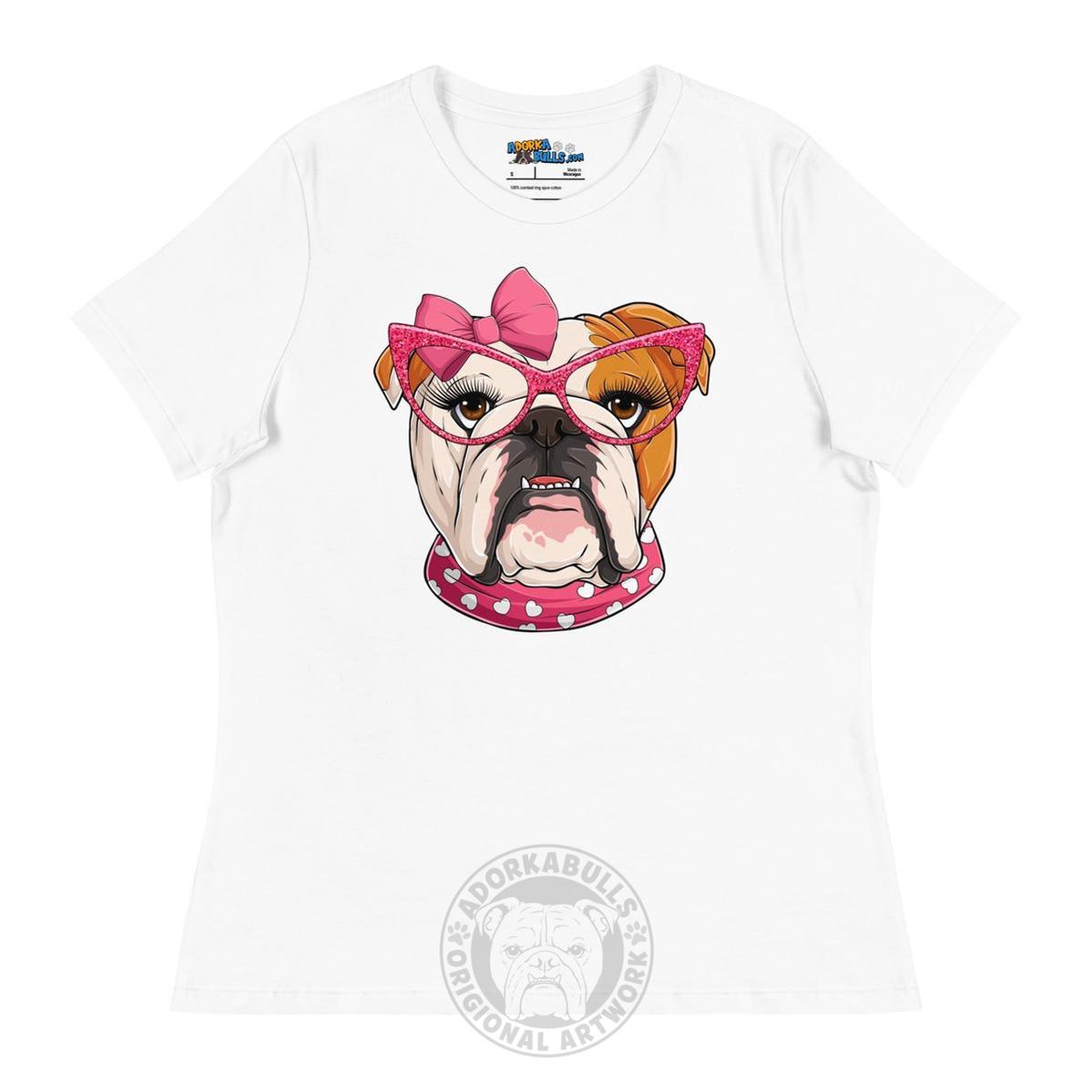 "Too Glam to Give a Woof" Women’s Bulldog T-Shirt | Red &amp; White Colored