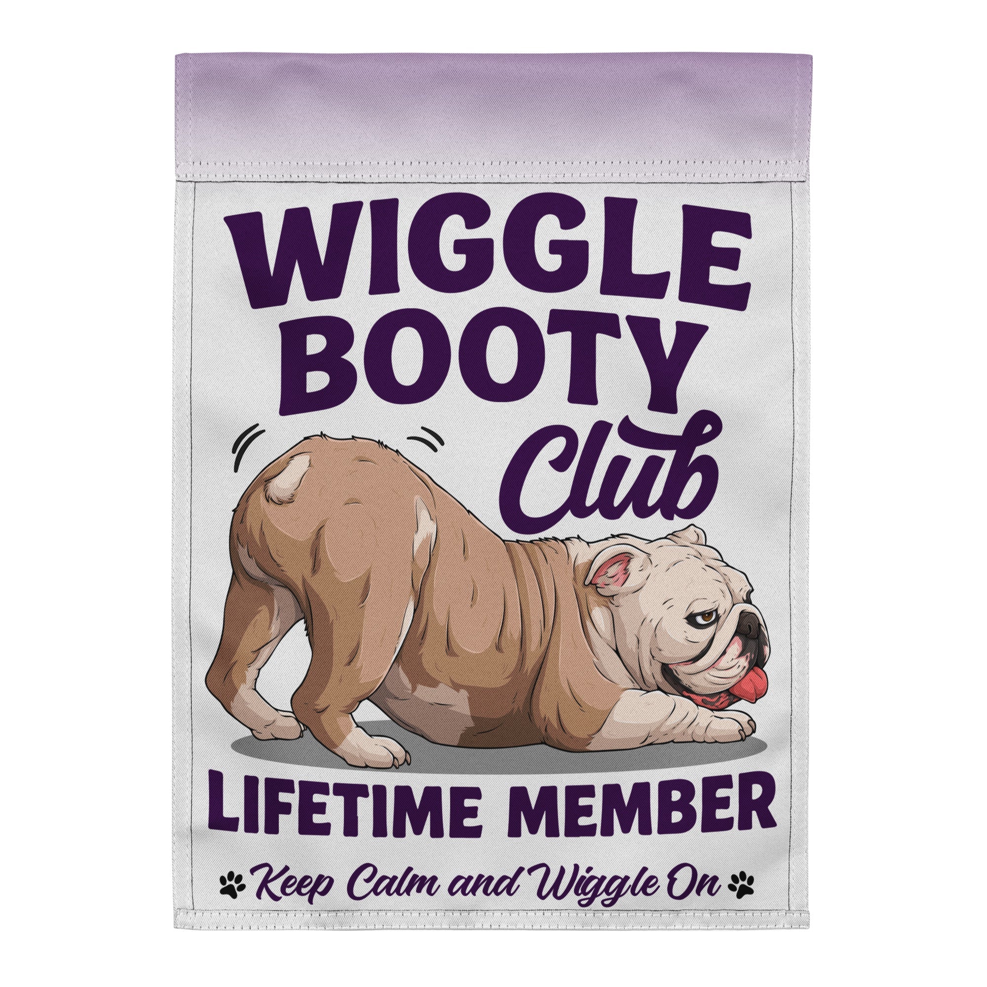 Wiggle Booty Club Garden Flag | Fawn &amp; White Colored English Bulldog