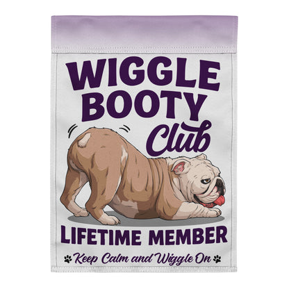 Wiggle Booty Club Garden Flag | Fawn &amp; White Colored English Bulldog