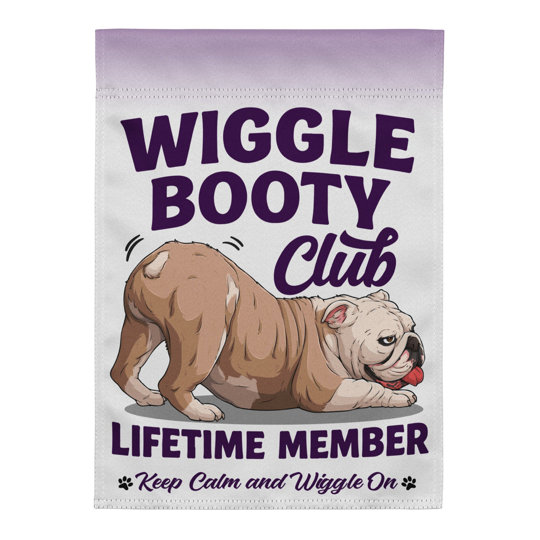 Wiggle Booty Club Garden Flag | Fawn &amp; White Colored English Bulldog