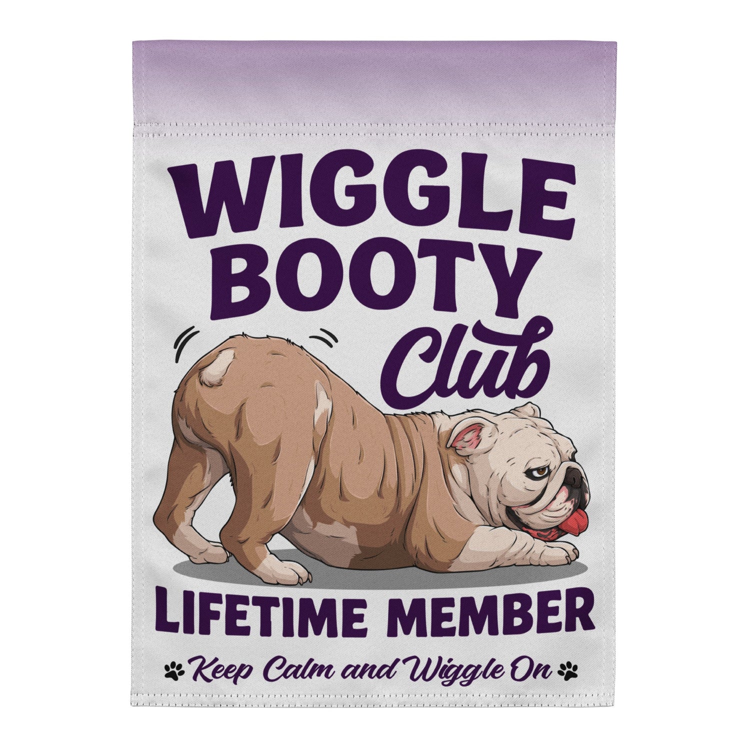 Wiggle Booty Club Garden Flag | Fawn &amp; White Colored English Bulldog