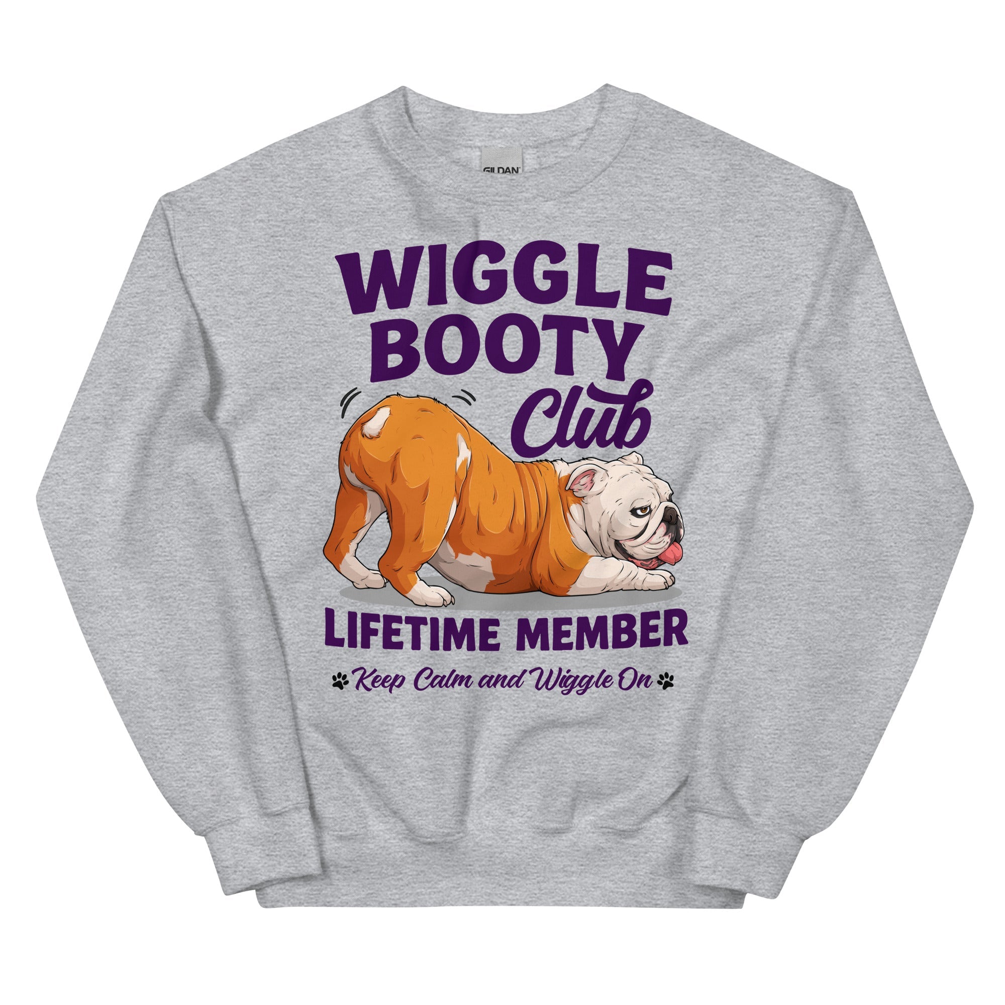 Wiggle Booty Club Lifetime Member Unisex Sweatshirt | Red &amp; White Colored English Bulldog