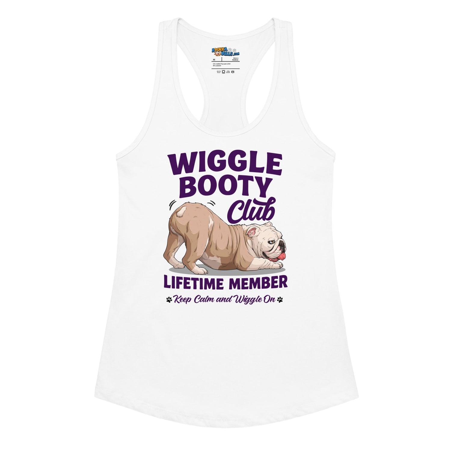 Wiggle Booty Club Racerback Tank | Fawn &amp; White Colored English Bulldog