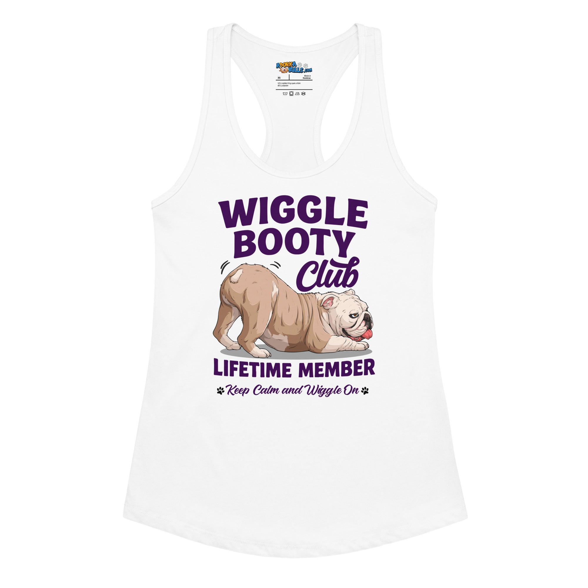 Wiggle Booty Club Racerback Tank | Fawn &amp; White Colored English Bulldog
