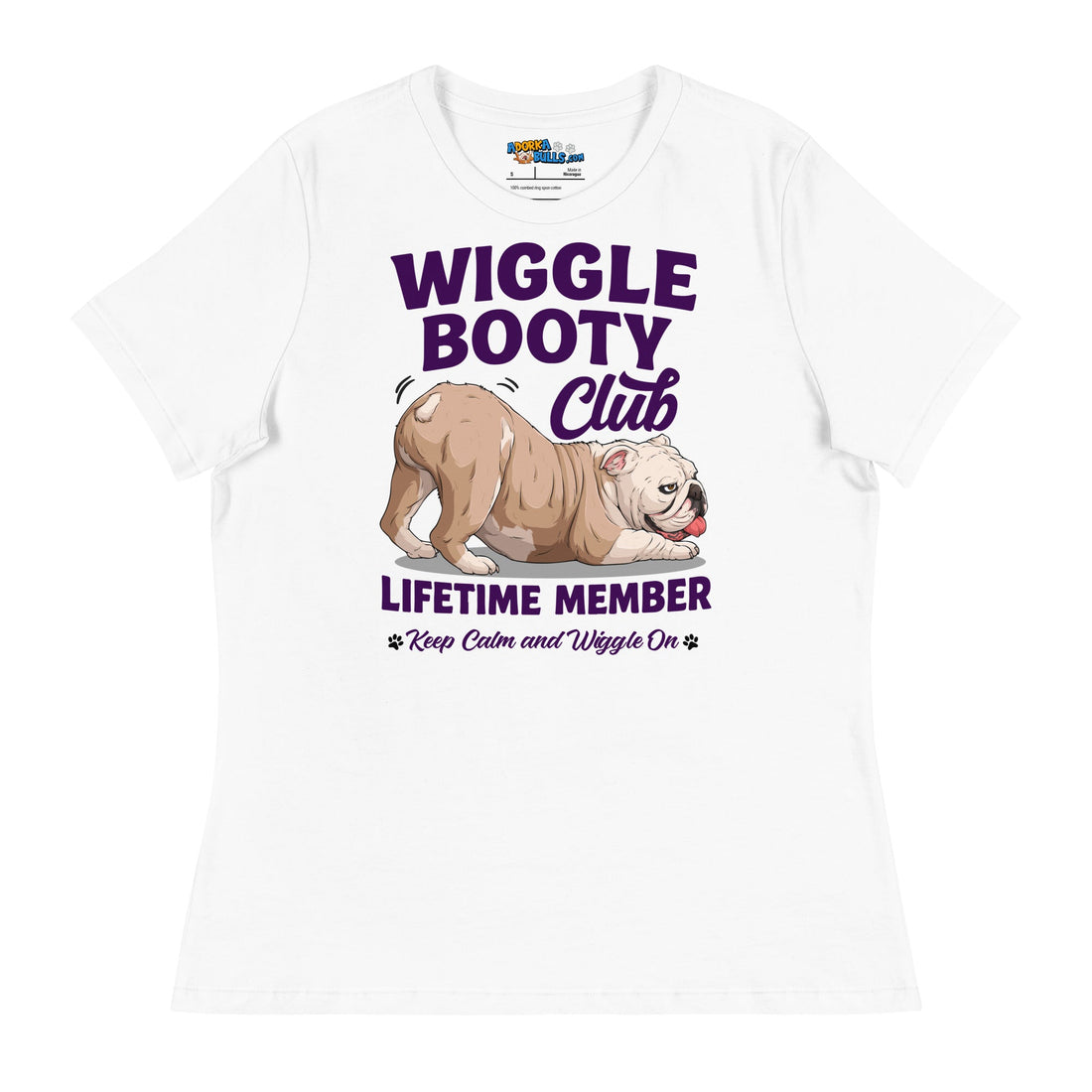 Wiggle Booty Club Women’s Relaxed Tee | Fawn &amp; White Colored English Bulldog