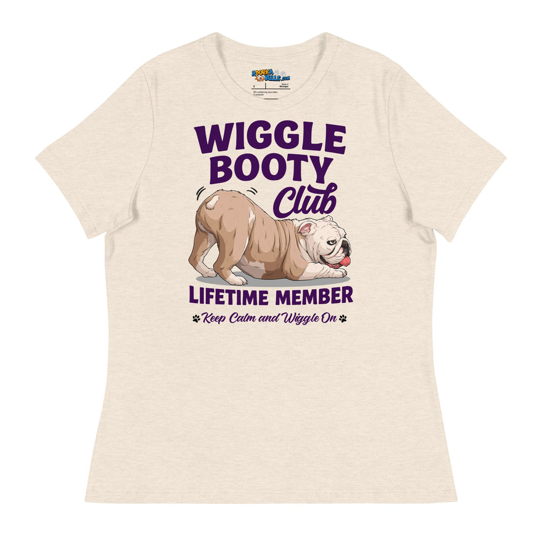 Wiggle Booty Club Women’s Relaxed Tee | Fawn &amp; White Colored English Bulldog