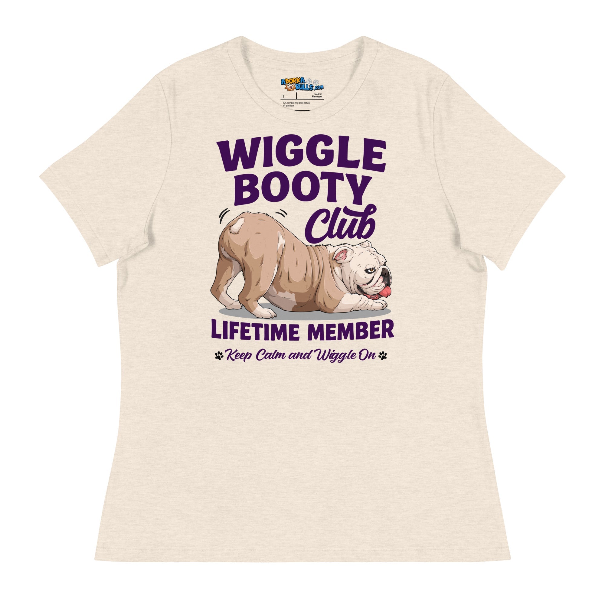 Wiggle Booty Club Women’s Relaxed Tee | Fawn &amp; White Colored English Bulldog