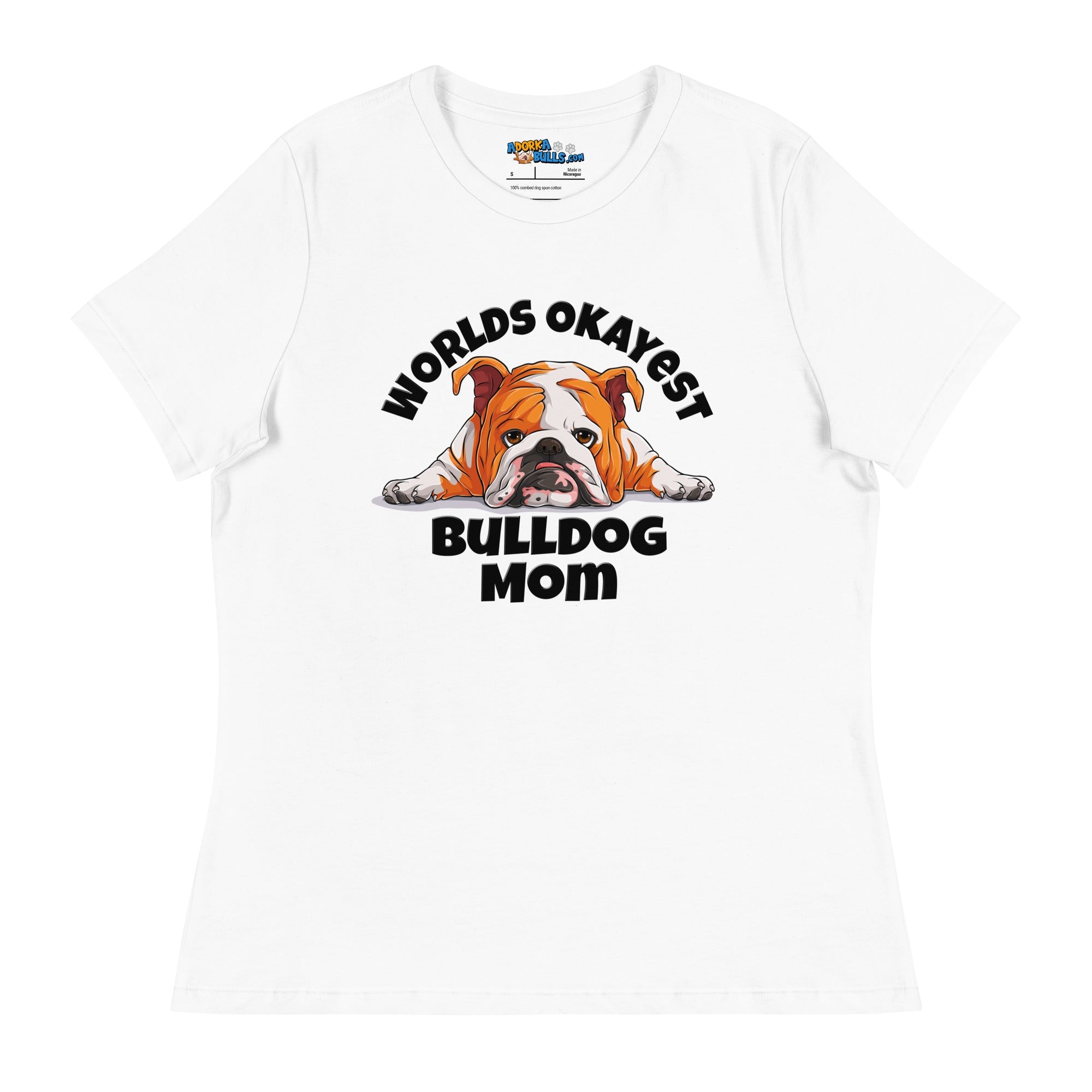 &quot;Worlds Okayest Bulldog Mom&quot; Relaxed T - Shirt | Red &amp; White Colored