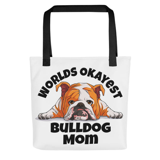 "Worlds Okayest Bulldog Mom" Tote Bag | Red & White Colored